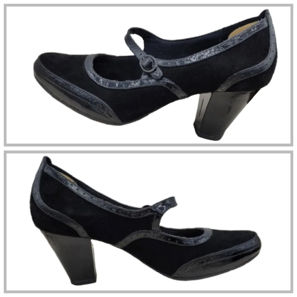 Clarks Artisan Diamond Shine Mary Jane Pumps Black Suede Patent 10" Footbed - Picture 5 of 15